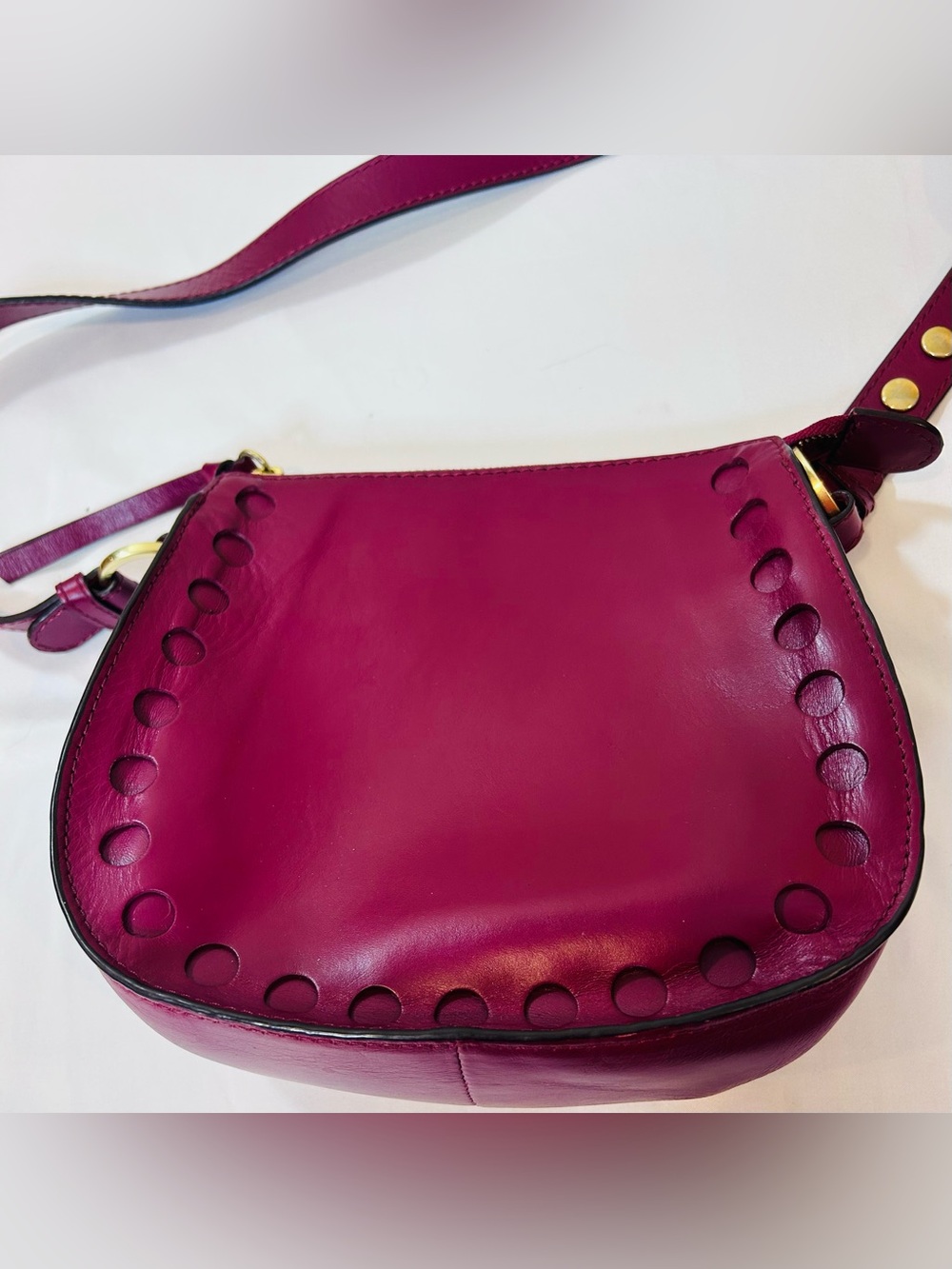 Boden Magenta Leather Satchel with Cutout Dot Detailing